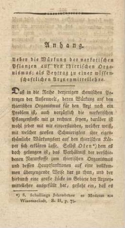 Anhang. Ueber die Würkung der narkotischen Pflanzen auf den thierischen Organismus ...