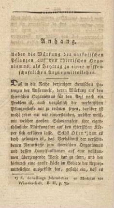 Anhang. Ueber die Würkung der narkotischen Pflanzen auf den thierischen Organismus ...