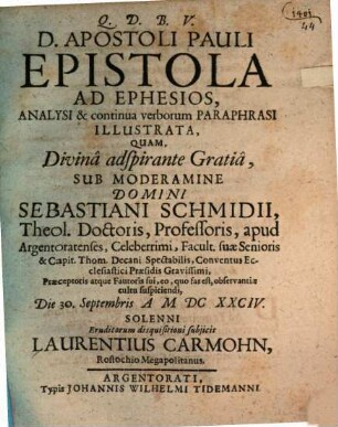D. Apostoli Pauli Epistola Ad Ephesios, Analysi & continua verborum Paraphrasi Illustrata