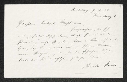 Brief von Ricarda Huch an Gerhart Hauptmann