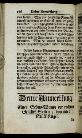 Dritte Anmerkkung Einer Schus-Wunde der rechten Gesichts-Seiten/ von einer Stükk-Kugel. - Vierdte Anmerkkung. Einer Schus-Wunden der beyden Hintern-Bakken/ von einer Stükk-Kugel.