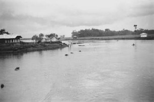 Badenden Büffeln : Seelandschaft mit Häusern und badenden Büffeln