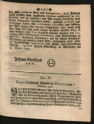 Lit. D. Copia Hochfürstl. Würtzburg. Decreti vom 5. Octobris 1685.