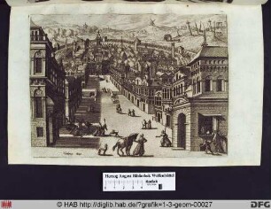 Blick auf eine von Häusern begrenzte Straße, die in eine von einer Mauer umgebene Stadt führt.