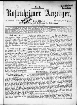 Rosenheimer Anzeiger : Tagblatt für Stadt und Land ; (mit amtlichen Mitteilungen). 1874 = Jg. 20