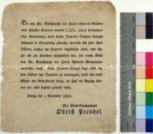 Bekanntmachung des Stadtkommandanten der Stadt Leipzig betr. Einquartierung französischer Offiziere 15. November 1815