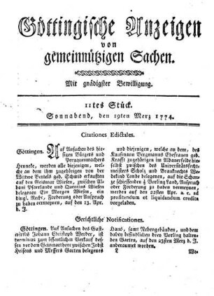 11tes Stück. Sonnabend, den 19ten Merz 1774.
