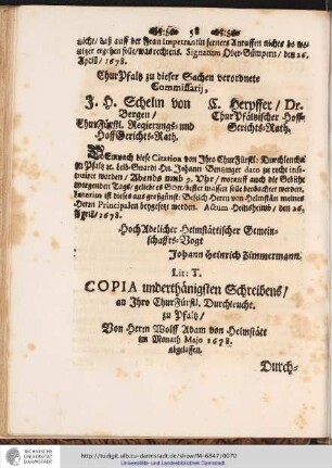 Lit: T. COPIA underthänigsten Schreibens/ an Ihro ChurFürstl. Durchleucht. zu Pfaltz/ ...