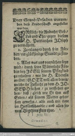 Drey Grund-Ursachen warumden diese Bruderschafft angestellet worden