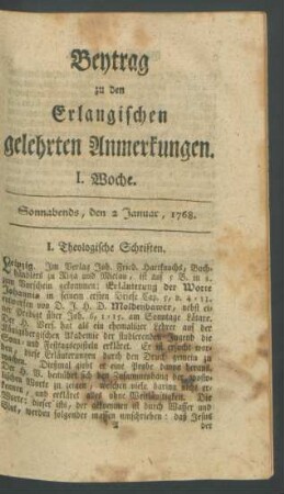 I. Woche (2. Januar 1768)-LIII. Woche (31. December 1768): Beytrag zu den Erlangischen gelehrten Anmerkungen