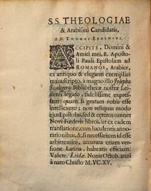 Pauli Apostoli Ad Romanos Epistola : Arabice ; Ex Bibliotheca Leidensi