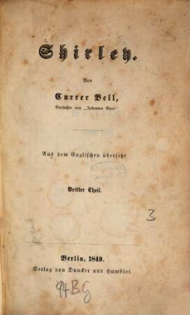 Shirley : Von Currer Bell. Aus dem Englischen übersetzt, 3