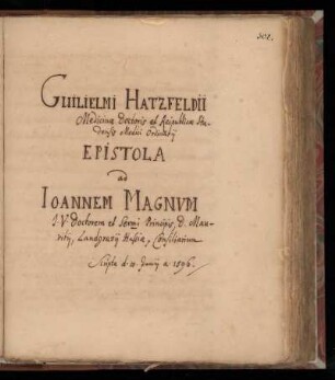 [Brief von Guilelmus Hatzfeldius an Johann Magnus (1596)]