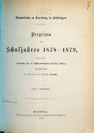 Programm des Schuljahres ... : mit welchem zu der öffentlichen Prüfung am ... ergebenst einladet .... 1878/79