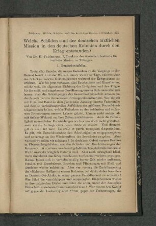 Welche Schäden sind der deutschen ärztlichen Mission in den deutschen Kolonien durch den Krieg entstanden?