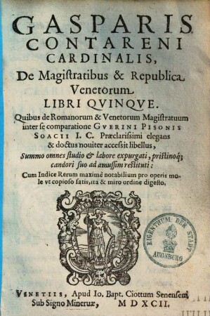 De magistratibus & republica Venetorum : libri quinque