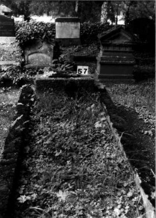 Grabstein 57 (Index: 100106192) Zustand: nur Sockel und Einfassung vorhanden Maße HxBxT: 30x58x28 cm Beschreibung: Sockel und Einfassung: Grabstein 57