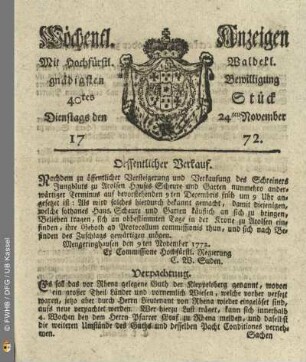 40tes Stueck, Dienstags den 24ten November 1772