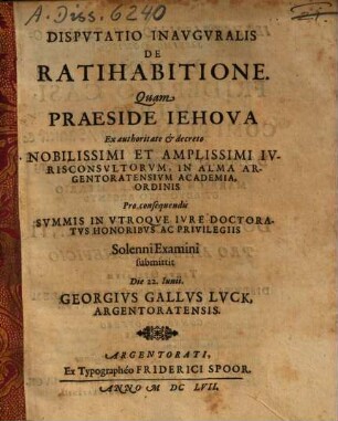 Dispvtatio Inavgvralis De Ratihabitione