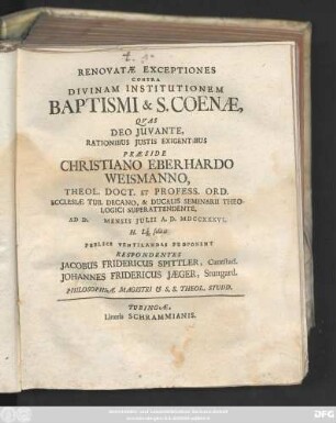 Renovatæ Exceptiones Contra Divinam Institutionem Baptismi & S. Coenæ