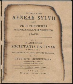 De Praeclaris Aeneae Sylvii Sev Pii II. Pontificis In Romanas Litteras Meritis Oratio