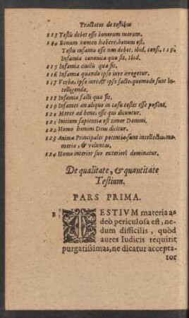 De qualitate, et quantitate Testium. Pars Prima.