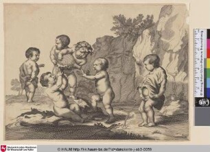[Putti mit einer Weinflasche, zechend und urinierend]