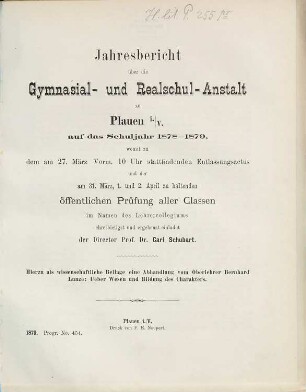 Jahresbericht über die Gymnasial- und Realschul-Anstalt zu Plauen i.V. : auf das Schuljahr ..., 1878/79