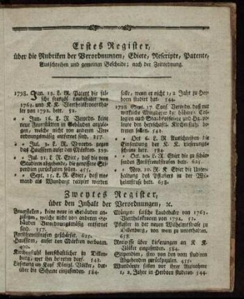 Erstes Register, über die Rubriken der Verordnungen, Edicte, Rescripte, Patente, Ausschreiben und gemeinen Bescheide; nach der Zeitordnung.