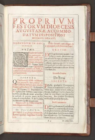 Proprivm Festorvm Dioecesis Avgvstanae, Accommodatvm Dispositioni Missalis Romani.