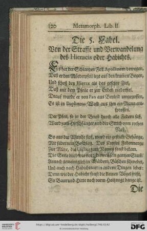 Die 5. Fabel: Von der Straffe und Verwandelung des Hieracis oder Habichts
