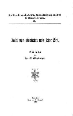 Josel von Rosheim und seine Zeit : Vortrag / von M. Ginsburger