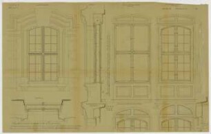 Thiersch, Friedrich von; München; Justizpalast - Fenster 3. OG Ostsüd - u. Westfassade(Grundriss, Ansichten, Schnitte)