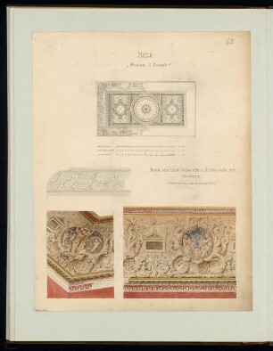 Decke eines Bildersaales Monatskonkurrenz Dezember 1867: Deckenuntersicht, Seitenansicht (teilweise), Ecke und Fries in perspektivischer Ansicht; 3 Maßstabsleisten