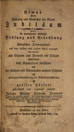 Etwas über Ursprung und Geschichte des Wortes Jubilaeum