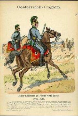Uniformdarstellung, Gemeine des Jäger-Regiments zu Pferde "Graf Bussy", Kaiserreich Österreich-Ungarn, 1798/1801.