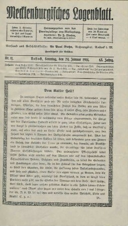 Nr. 11. Rostock, Sonntag, den 24. Januar 1914. [i.e. 1915]