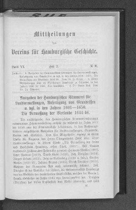 Ausgaben der Hamburgischen Kämmerei für Landvermessungen, Anfertigung von Grundrissen u. dgl. in den Jahren 1601--1650. Die Vermessung der Vierlande 1644/46.