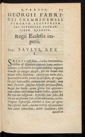 Georgii Fabricii Chemnicensis Virorum Illustrium Seu Historiae Sacrae Liber Quartus. Regii Ecclesiae imperii.