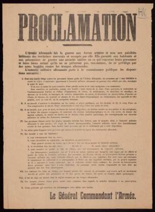 "Proclamation: L'Armée Allemande fait la guerre aux forces armées et non aux paisibles habitants ..." Verhaltensmaßregeln für die Zivilbevölkerung (entspricht der rechten Hälfte von Nr. 789)
