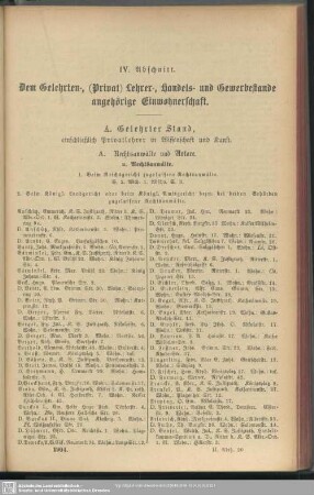 IV. Abschnitt. Dem Gelehrten-, ( Privat) Lehrer-, Handels- und Gewerbestande angehörige Einwohnerschaft