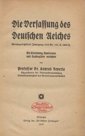Die Verfassung des Deutschen Reiches : mit Einleitung, Randnoten und Sachregister versehen