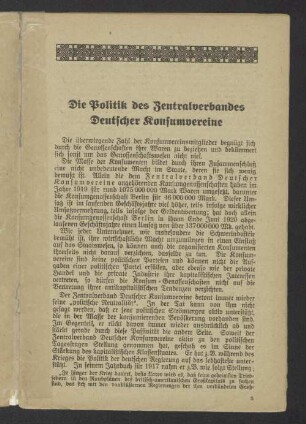 Die Politik des Zentralverbandes Deutscher Konsumvereine