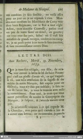 Lettre DCII. Aux Rochers, Mardi, 29. Novembre, 1689