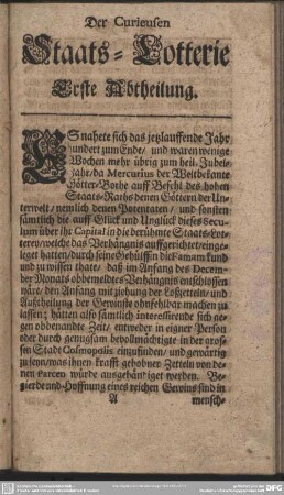Der Curieusen Staats-Lotterie Erste Abtheilung