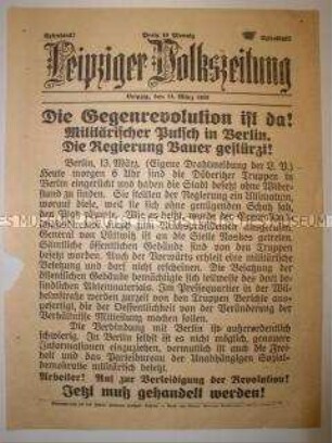 Extrablatt der "Leipziger Volkszeitung" zum Ausbruch des Kapp-Putsches