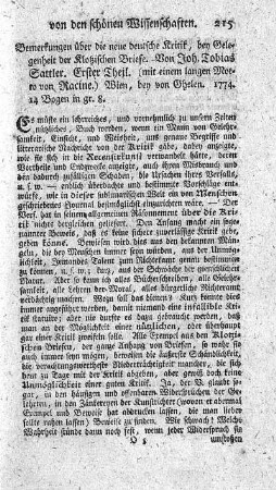 Bemerkungen über die neue deutsche Kritik, bey Gelegenheit der Klotzischen Briefe.