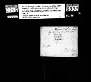 Benedikt Fasold: Hymnus: Ex D#: de B:V:Mariae: / De Apostolis / Canto: Alto: Tenore: Basso: / Violino Primo / Violino Secundo / Clarino Primo: / Clarino Secundo: / Con / Organo / Author: Fassoldi; Ms. 1763.