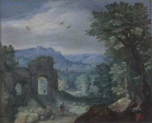 Waldlandschaft mit Ruinen und figürlicher Staffage