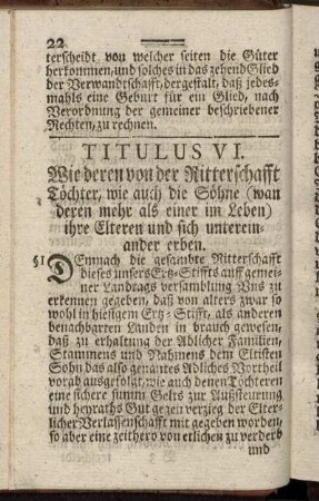 Titulus VI. Wie deren von der Ritterschafft Töchter, wie auch die Söhne (wan deren mehr als einer im Leben) ihre Elteren und sich untereinander erben